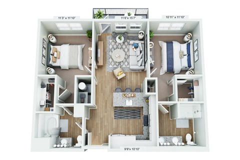 Floor plan for 2 beds, 2 baths, 917 sqft